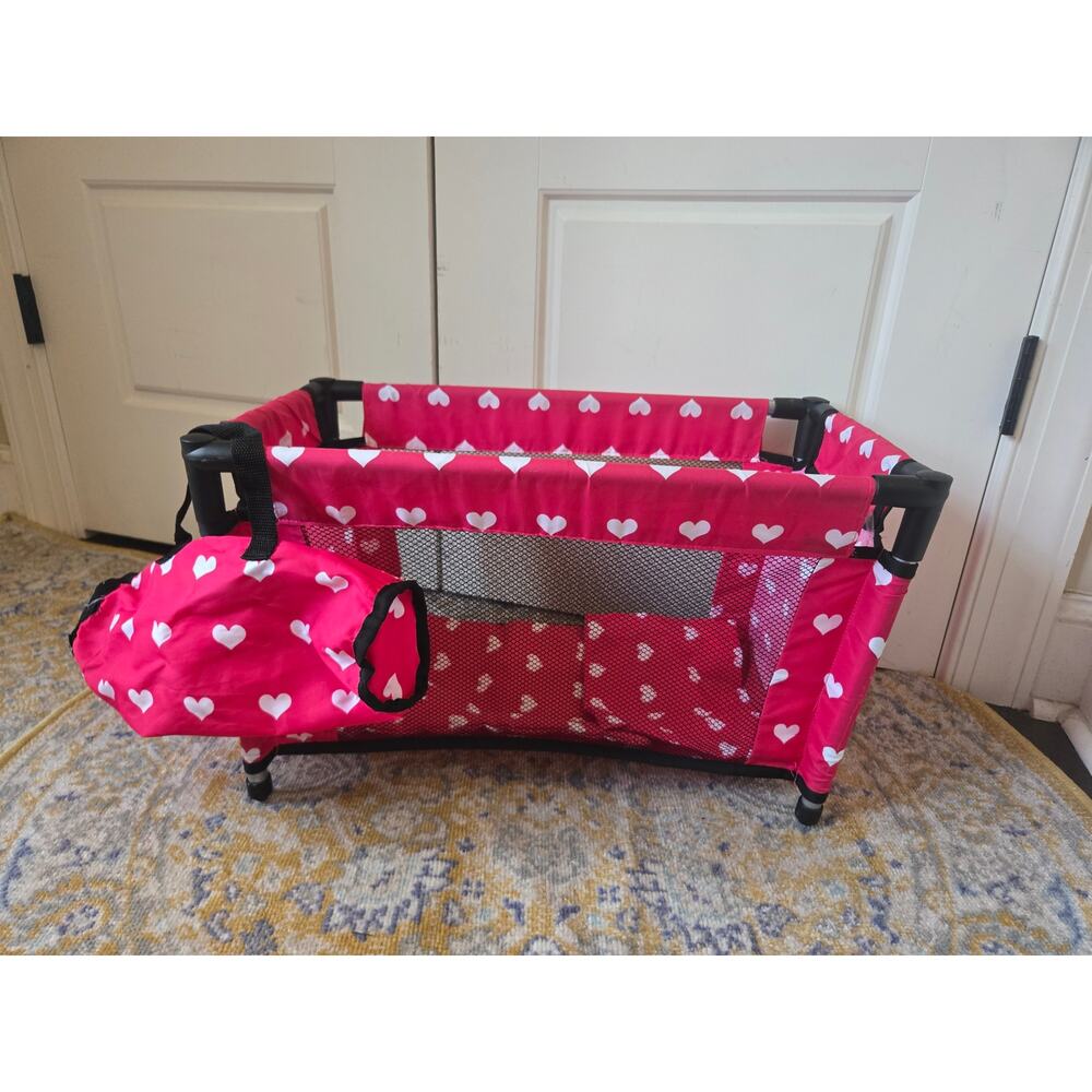 New York Doll Collection Fold N Store Doll Pack N Play Heart Pink Bed